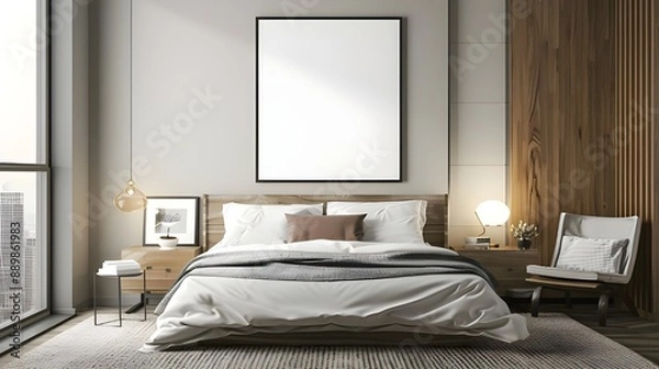 Fototapeta A minimalist bedroom with a white frame above the bed, featuring modern decor and neutral tones