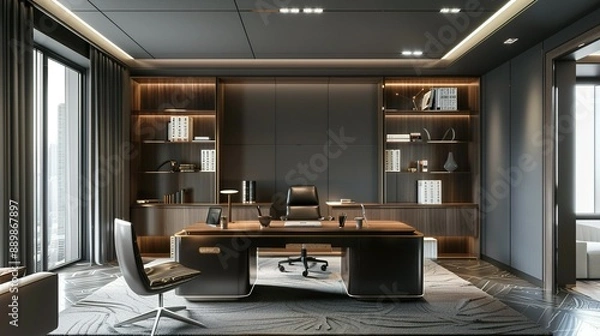 Obraz Gray and White CEO Office Interior with Bookcase