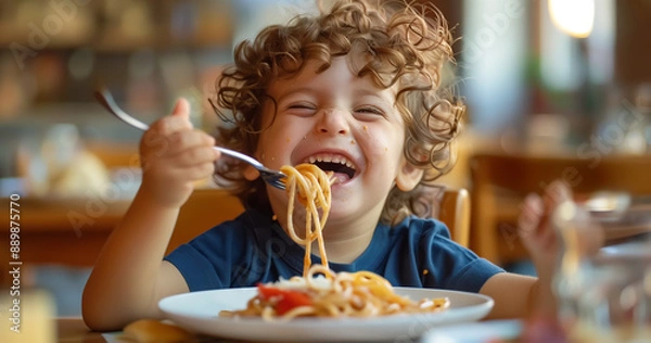 Fototapeta Cute little kid boy eating spaghetti bolognese or pasta macaroni bolognese at home. Happy child eating fresh cooked healthy meal with noodles. Generative Ai.