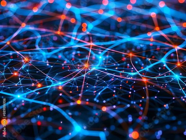 Fototapeta Abstract Background with Blue and Red Lines and Glowing Dots