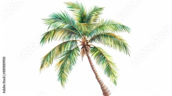 Fototapeta A vibrant coconut tree in lush watercolor tones, isolate on white background