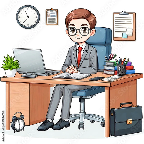 Obraz Home Office Landing Page Template. Man Sits At His Laptop, Sipping Coffee, Engrossed In His Work. Male Character Navigates Through His Tasks With Focus