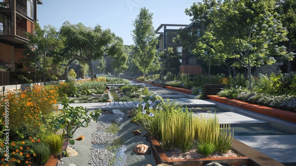 Obraz Photorealistic depiction of a sustainable urban drainage system incorporating rain gardens permeable pavement and bioswales promoting stormwater management and water conservation