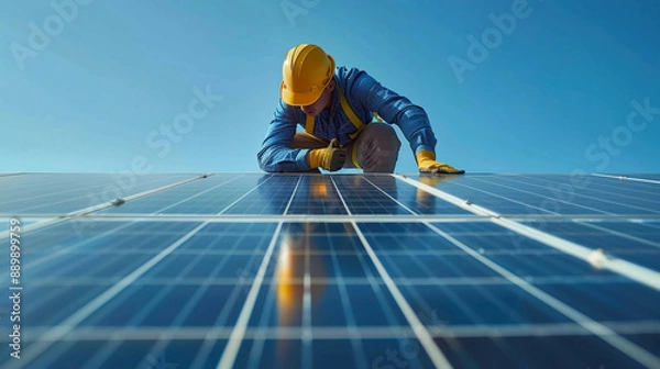 Fototapeta Photorealistic depiction of a worker setting up a solar panel while kneeling in the background detailed and realistic lighting