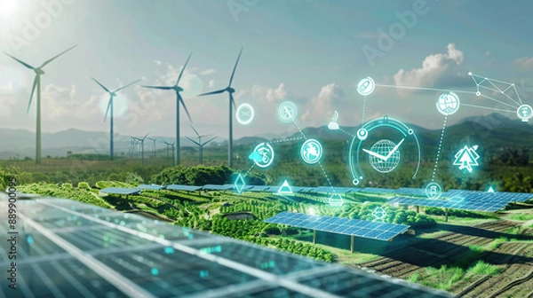 Obraz Photorealistic depiction of SDGs with environmental technology featuring solar panels and wind turbines clean energy icons clear skies detailed and realistic