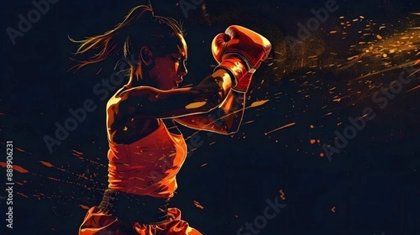 Fototapeta Boxing sport woman boxer colorful splash horizontal banner on black background illustration with copy space. 