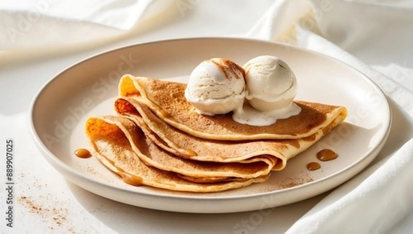 Fototapeta Vibrant Crepes with Caramel Sauce and Vanilla Ice Cream on Creamy White Backdrop, Featuring Minimalist Photography Style and Warm Golden Hues for a Simple and Elegant Scene!