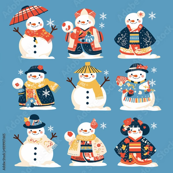 Fototapeta 和風雪だるまのイラスト。アイコン