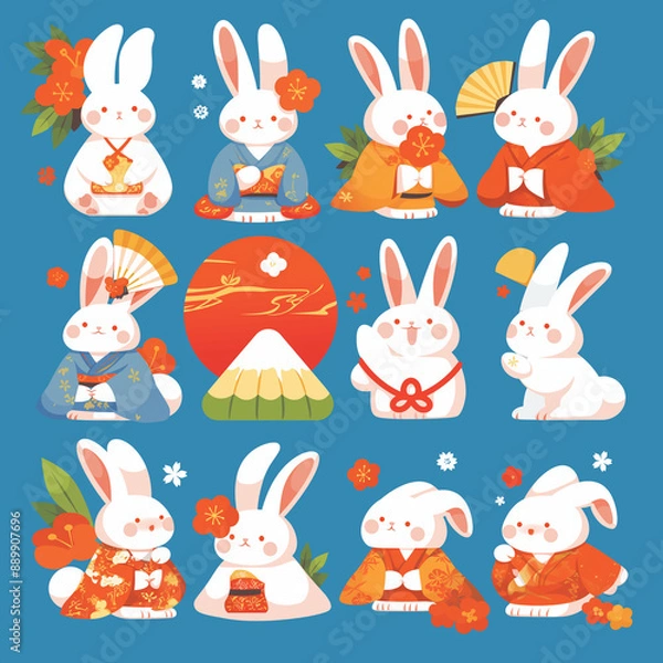 Fototapeta ウサギのイラスト。雪ウサギ。冬。年賀状。卯年。干支