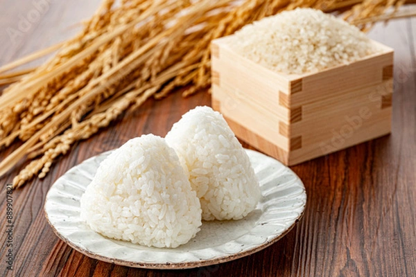 Obraz おむすびと米と稲穂