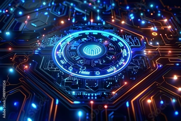 Obraz Close up of a high tech AI core with neon blue circuits pulsating within, representing the heartbeat of technology