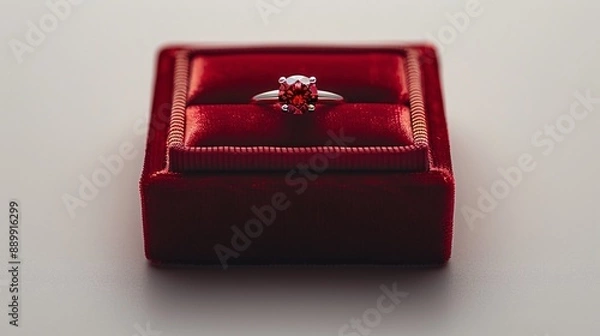 Obraz 7. A minimalist image with a white background featuring a single wedding ring in a red velvet box, positioned in the center
