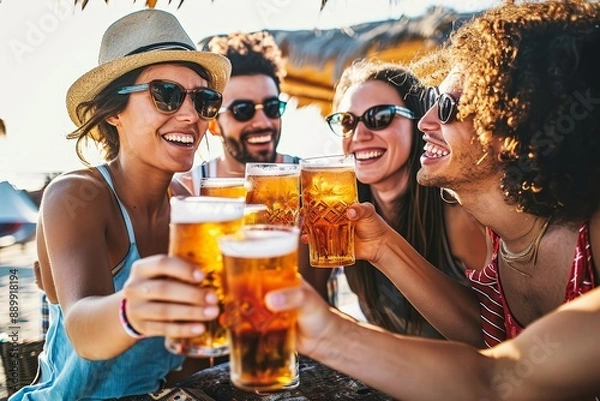 Fototapeta Happy tourists toasting beer glasses at kiosk cocktail beach bar - Multiracial young people having fun drinking beers at beach party - Youth, friendship and summertime, Generative AI