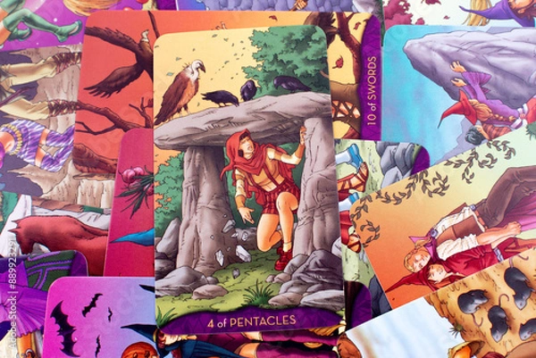 Fototapeta Tarot cards, Waite Rider tarot cards, the four of pentacles card in the foreground on a background of available deck cards
