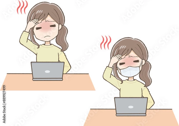 Fototapeta Woman in a Yellow Outfit in Front of a Computer, Having a Fever, With and Without Mask