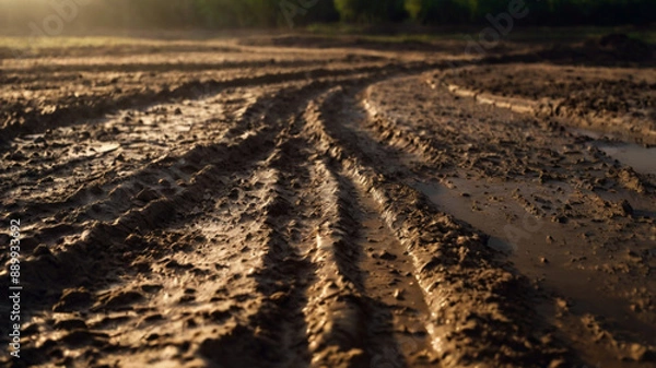 Fototapeta man walking on a mud road