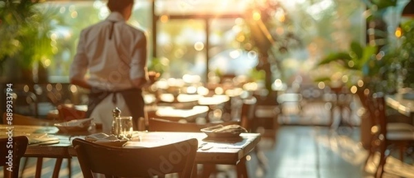 Fototapeta Blurred view of worker cleaning tables at restaurant with copy space