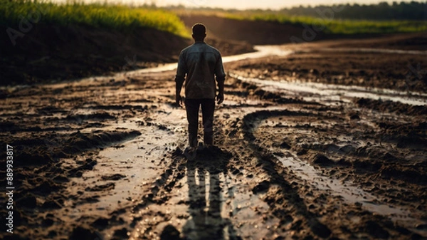 Fototapeta man walking on a mud road
