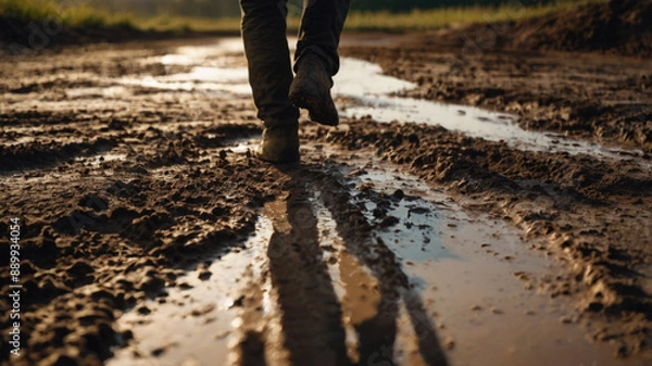 Fototapeta man walking on a mud road