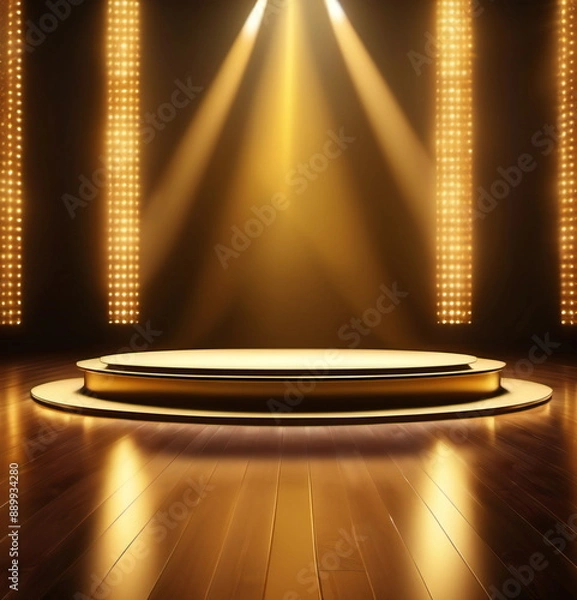 Fototapeta Golden podium with light and particles. Stage with gold spotlight on stage. Empty space