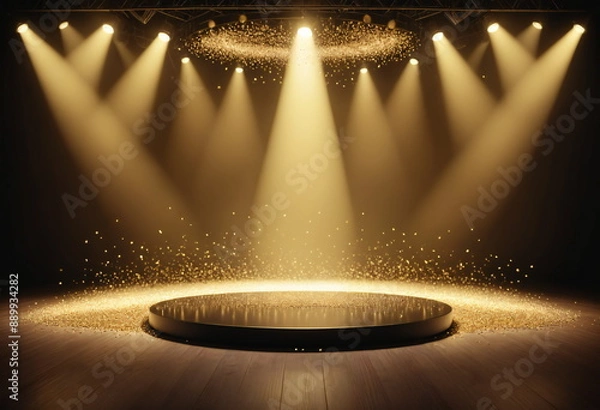 Fototapeta Golden podium with light and particles. Stage with gold spotlight on stage. Empty space