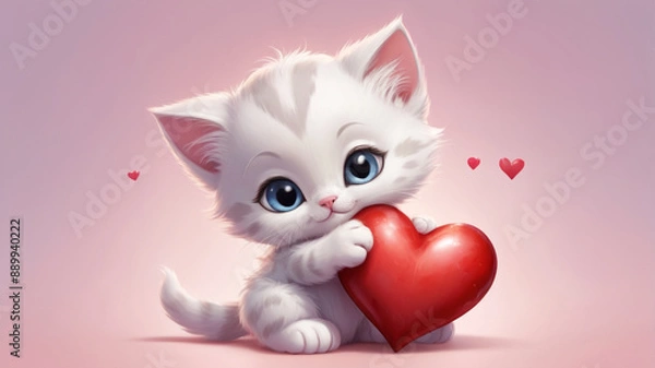 Fototapeta cute kitten with a red heart