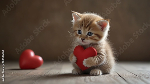 Fototapeta cute kitten with a red heart