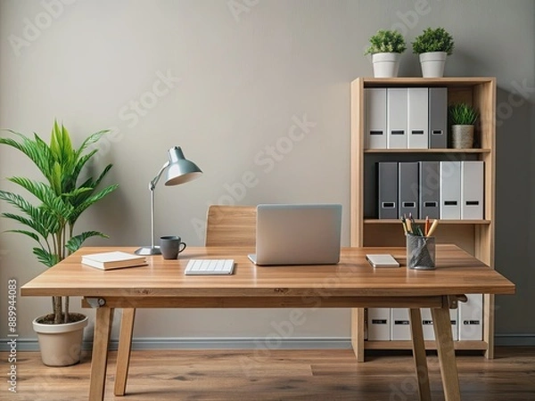 Fototapeta A clutter-free wooden desk with papers, folders, and a laptop, surrounded by neutral-colored walls, symbolizing a serene and organized financial planning environment.