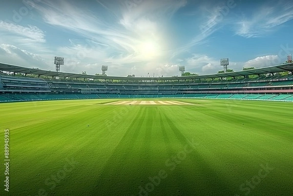 Fototapeta an empty cricket stadium with a lush green field. Generative AI