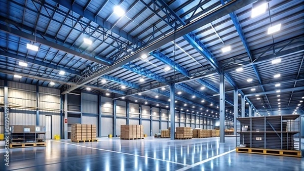 Fototapeta Modern Warehouse Interior with Steel Structure and Bright Lighting.