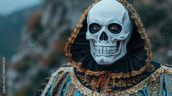 Fototapeta Close-up of a person in an elaborate skull mask and ornate costume with intricate details, set against a blurred outdoor background.