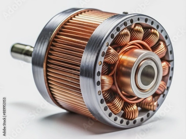 Fototapeta Close-up of a futuristic brushless DC motor with compact copper windings, advanced magnetic bearings, and sleek metallic casing, showcasing cutting-edge engineering design.
