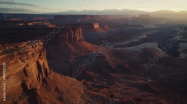 Fototapeta Present an aerial panorama of a canyon at twilight, with the sky transitioning from day to night.