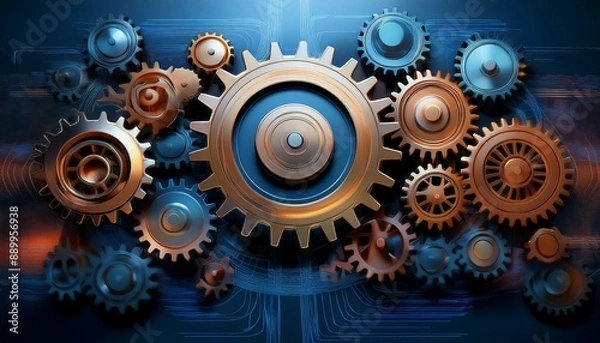 Fototapeta A series of gears interlinked in a seamless line, emphasizing the mechanical details, with a