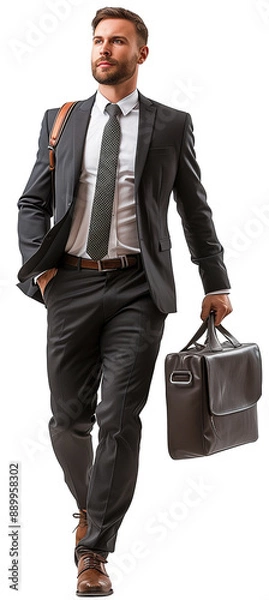 Obraz A confident businessman in a dark suit and tie, walking with a leather briefcase and shoulder bag. Ideal for themes related to business, corporate success, and professional journeys