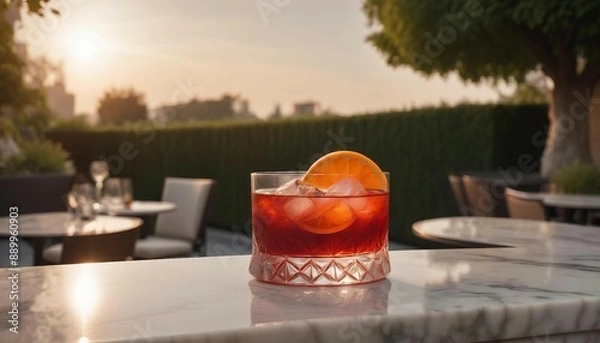 Fototapeta A sophisticated negroni on a marble counter at a high-end restaurant terrace, with the setting sun casting a warm glow over the garden.
