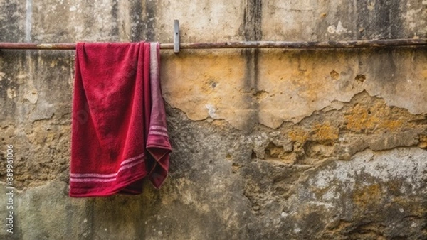Fototapeta Weathered red towel droops on worn cement wall, faded by time, surrounded by subtle Azores Island imperfections, Sao Miguel, Portugal.