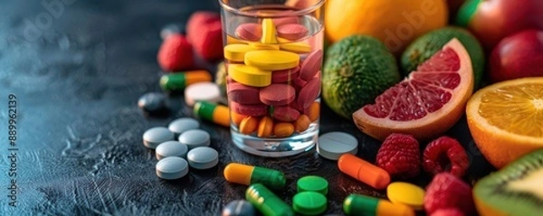Fototapeta A balanced breakfast table with colorful fruits, multivitamins, and a glass of water, emphasizing healthy living and daily nutrition