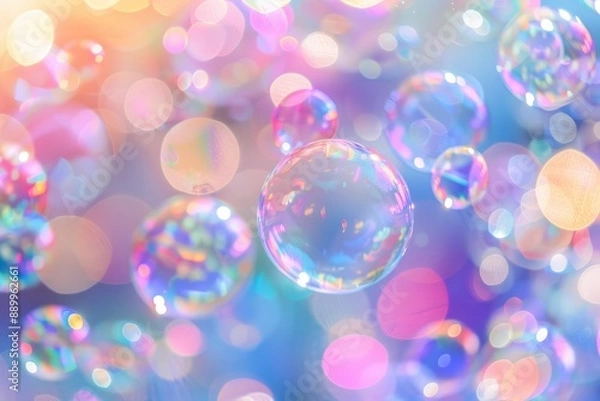 Fototapeta Floating Rainbow Bubbles Against Blurred Bokeh