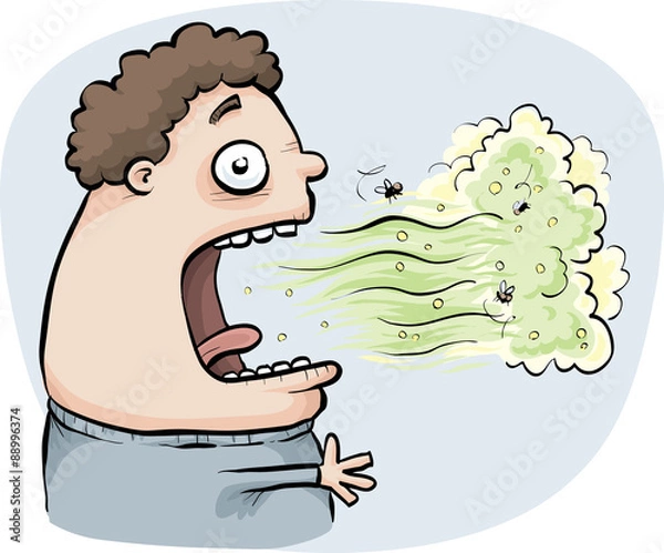 Obraz A cartoon man exhales a cloud of toxic, green bad breath into the air.