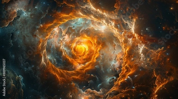 Fototapeta Astrology-themed illustration of a golden spiral in space, surrounded by celestial bodies and nebulae, showcasing the beauty of the golden ratio. AI Generative.