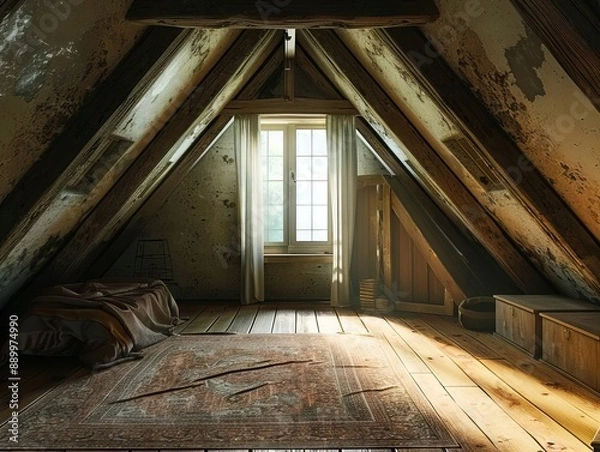 Fototapeta An attic with a rug and a window.