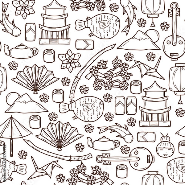 Fototapeta Seamless background with objects in hand drawn outline style on