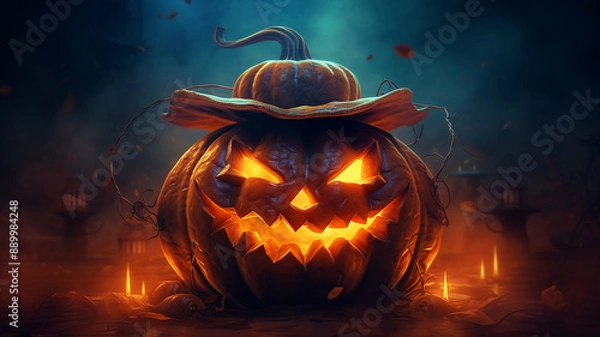 Obraz Halloween wallpaper with evil pumpkin, Generative AI.
