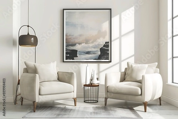 Obraz Harmonious blend of comfort and style, featuring two arm chairs in a modern living room setting a prominent framed poster on a white wall.