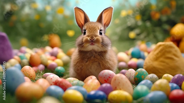 Obraz Happy bunny with many easter eggs on grass festive background for decorative design, Generative AI.