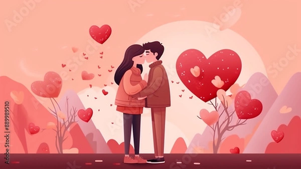 Obraz lovers couple kissing, happy valentine, cartoon character illustration, Generative AI.