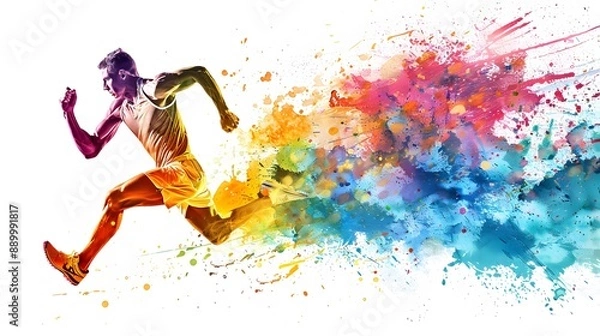 Fototapeta Athletic man runs doing sports on a white background with an explosion of colored paint.