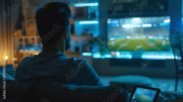 Fototapeta A man is watching a football broadcast via a tablet. 