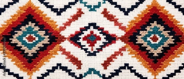 Fototapeta Ethnic-inspired geometric cross stitch pattern with vibrant colors and intricate details